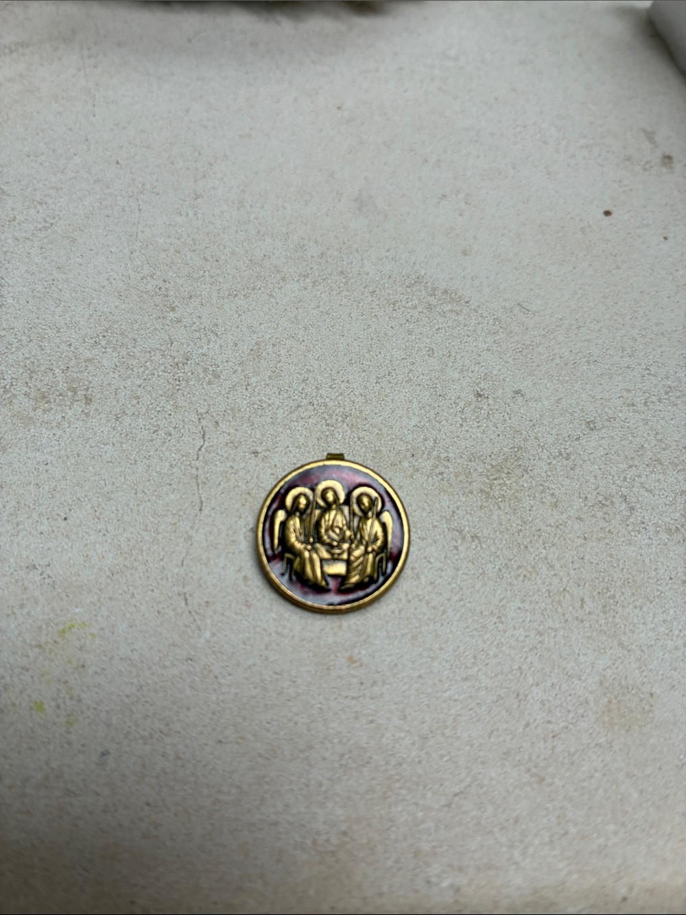 Gold Toned Religious Round Pendant with Red Enamel